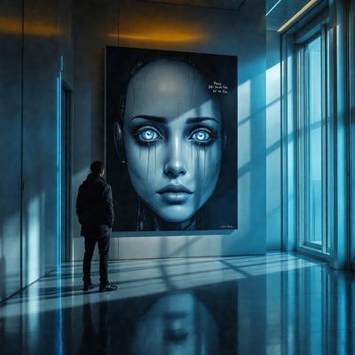 The primary subject of the image is a large painting of a woman with blue eyes. The setting is a room with a window, and the visual style appears to be a digital art or illustration. The colors in the painting are predominantly blue, and the overall atmosphere is somewhat eerie or mysterious.